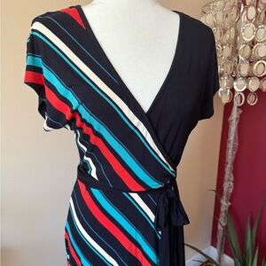 NWT oasis jersey faux wrap dress size M. Navy, red, white & teal